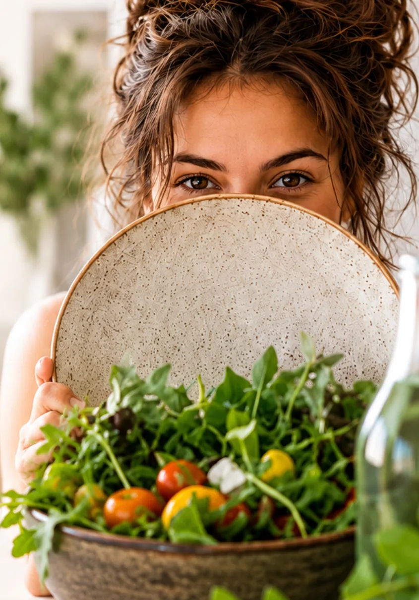 Frau blickt über einen Teller, davor eine Schüssel Salat